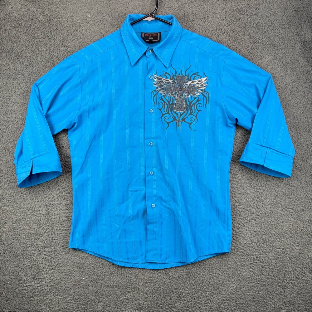 Meztizos Mens Blue Button Down Shirt Wings Y2k‎ Emo Graphic 3/4 Sleeve Size M